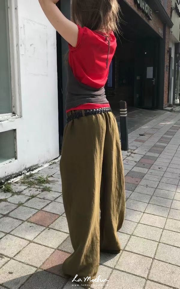 腰耳朵落地麻料寬褲